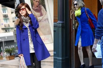 Blue women's coat, what to wear with: what scarf, shawl, what hat, bag?